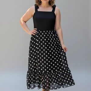 Ann Klein Tie Strap Black White Polka Dots Midi Dress Size 14
